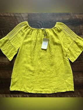 NWT Terzo Millennnio 100% linen lime green embroideredflutter blouse shirt M